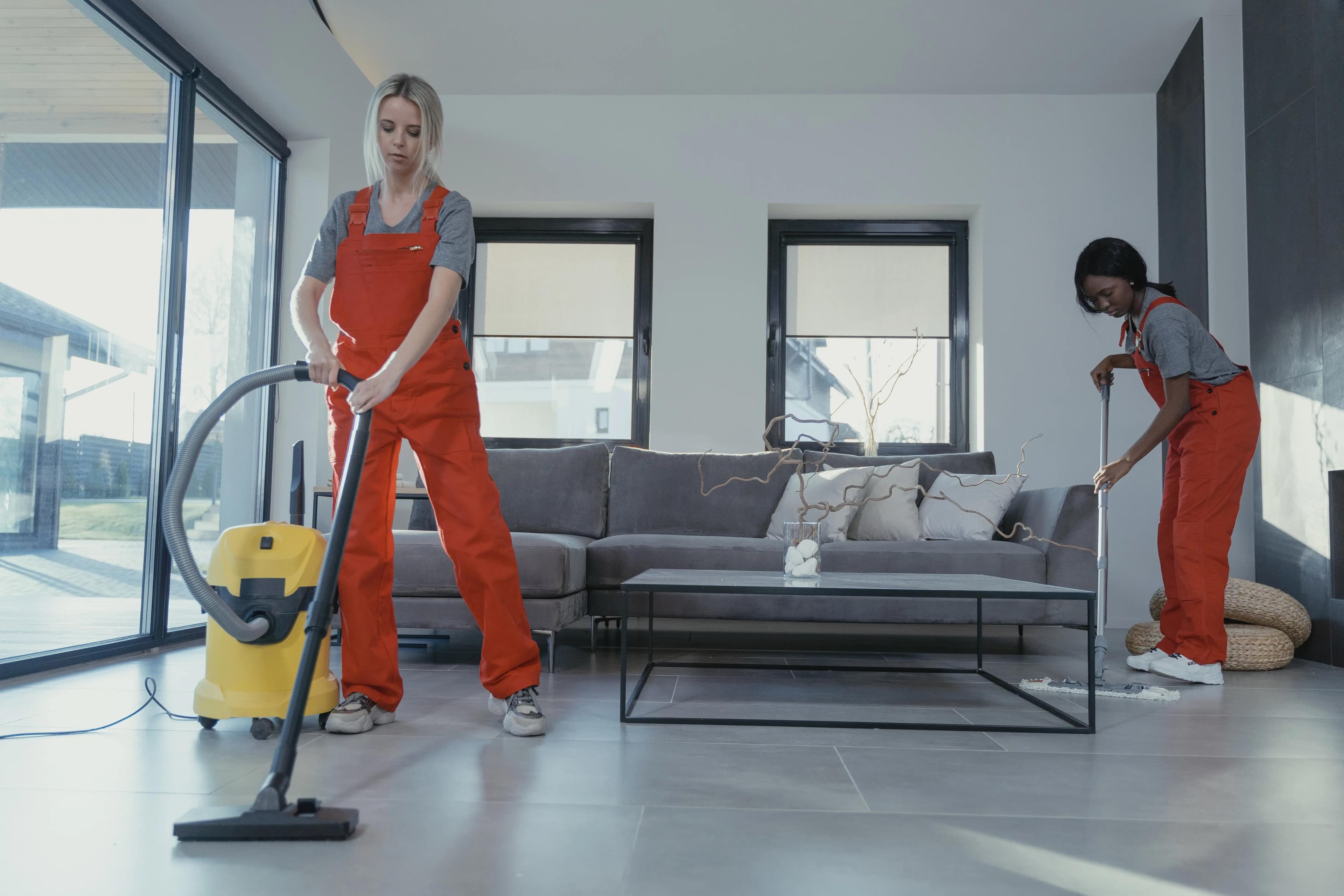 Team of cleaners working after hours.