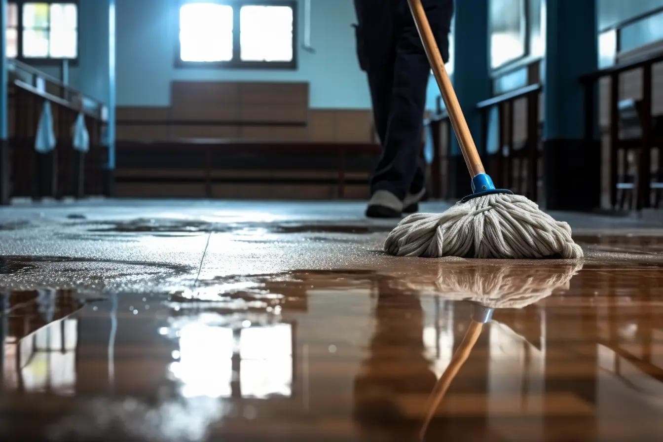 Employee mopping a floor.